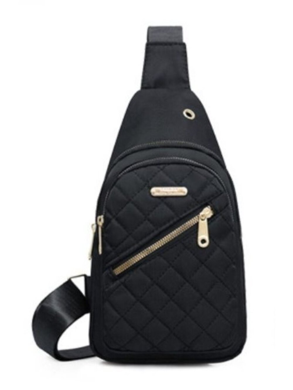 Quilted Black Nylon Crossbody Sling Bag With Gold Zippers & Adjustable Strap - L - Picture 4 of 8